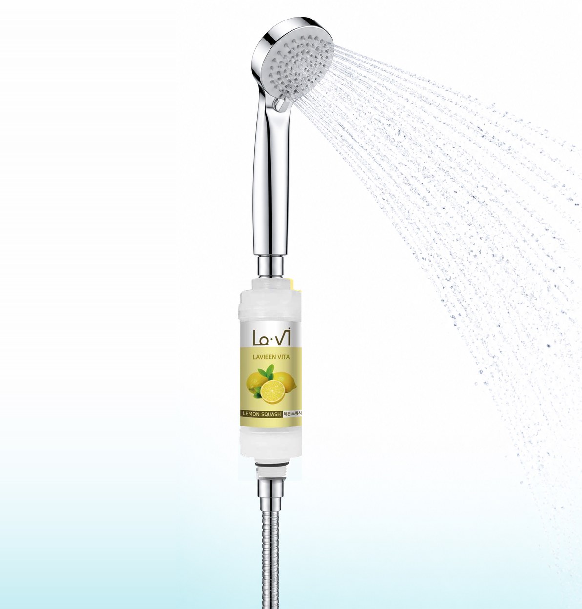 Lo·Vi vitamin shower filter fitted between the shower hose and hand shower